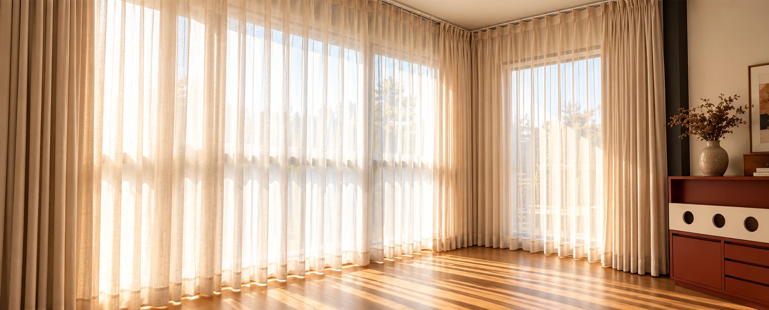 Sunlit corner with layered drapery and sheers